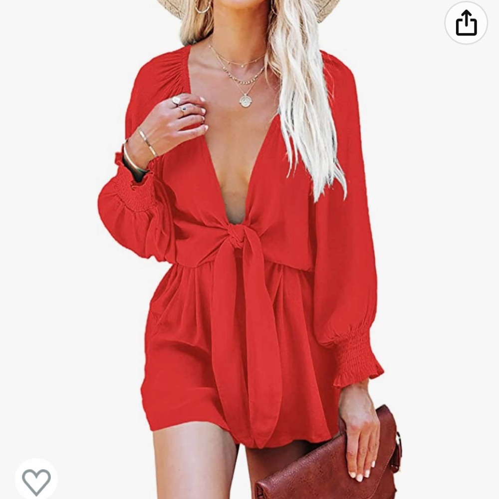 Red Romper Women Dressy Spring Summer Tie Knot Front Sexy V Neck Jumpsuits